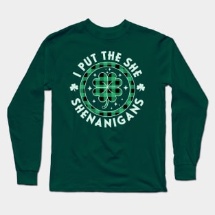 I Put The She In Shenanigans Women St Patricks Day Plaid Long Sleeve T-Shirt